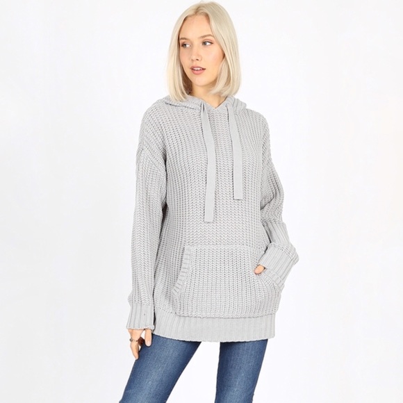 Olive Knit Hooded Sweater with Pockets - Picture 3 of 6